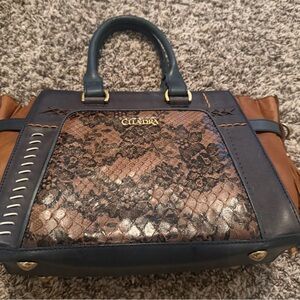 Navy & Brown Snake-Embossed Leather Satchel